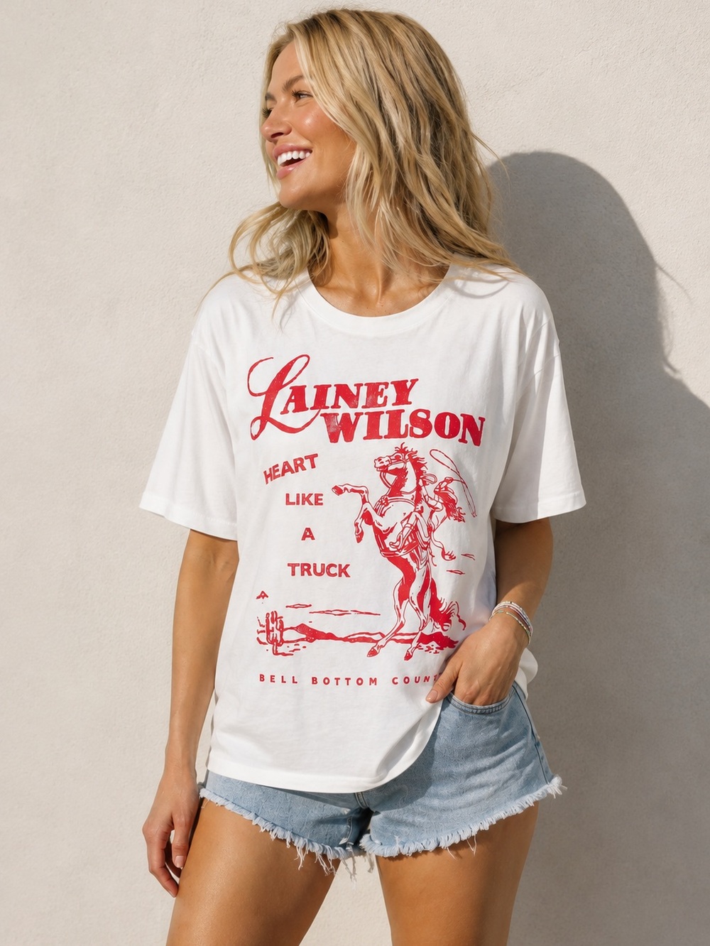 NWT DAYDREAMER Laney Wilson Bell Bottom Country Tee | White/Red MSRP $88 Size S